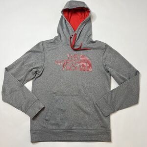 The North Face Mens Small Heathered Gray Red Pullover Hoodie Spellout Sweater